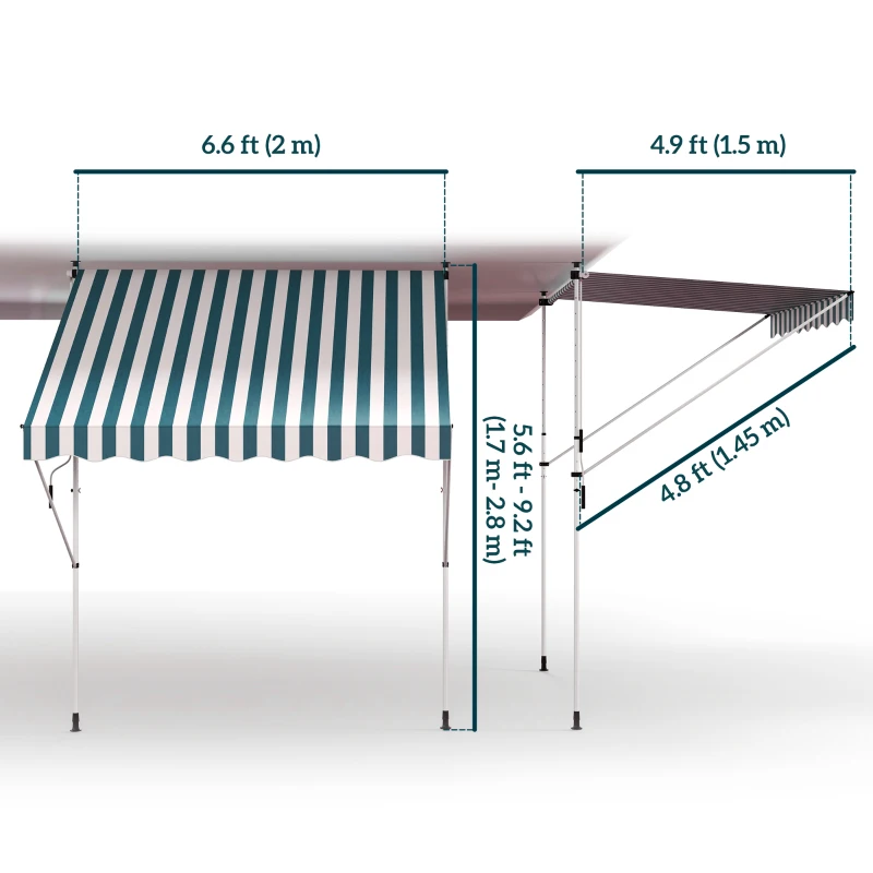 Outsunny 6.6'x5' Manual Retractable Patio Awning Window Door Sun Shade Deck Canopy Shelter Water Resistant UV Protector Green and White