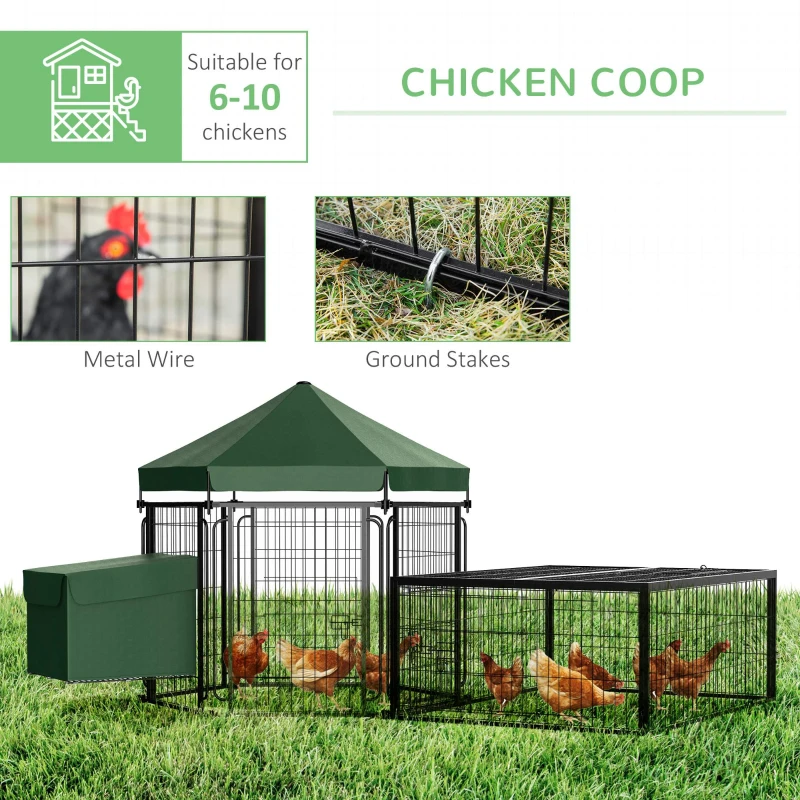 PawHut Steel Chicken Coop, Outdoor Hexagonal Hen House, Heavy Duty Detachable Poultry Crate Rabbit Hutch with Water-Resistant Canopy, Run, Nesting Box, Lockable Doors, Green
