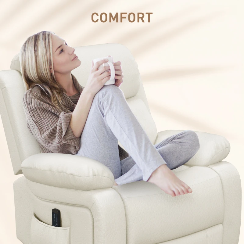 HOMCOM PU Leather Reclining Chair with Vibration Massage Recliner, Swivel Base, Rocking Function, Remote Control, Cream White