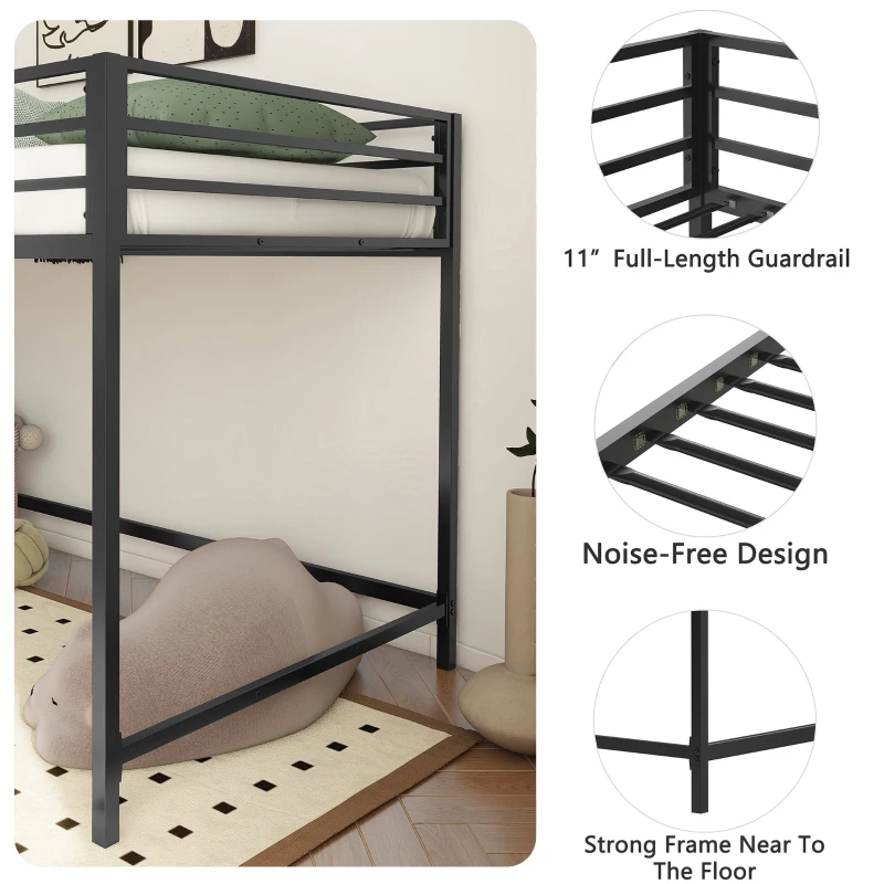 Junior Twin Loft Bunk Metal Bed Frame with Full-Length Guardrails, Anti-Noise Design, and Protective Post Caps, 76.69″ L x 40.94″ W x 49.49″ H, Black