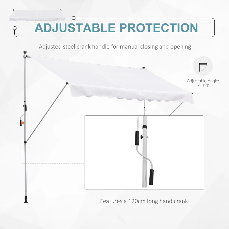 Outsunny 10x5ft Manual Retractable Awning, Patio Sun Shade Canopy Shelter with 5.6-9.2ft Support Pole, Water Resistant UV Protector, for Window, Door, Porch, Deck, White