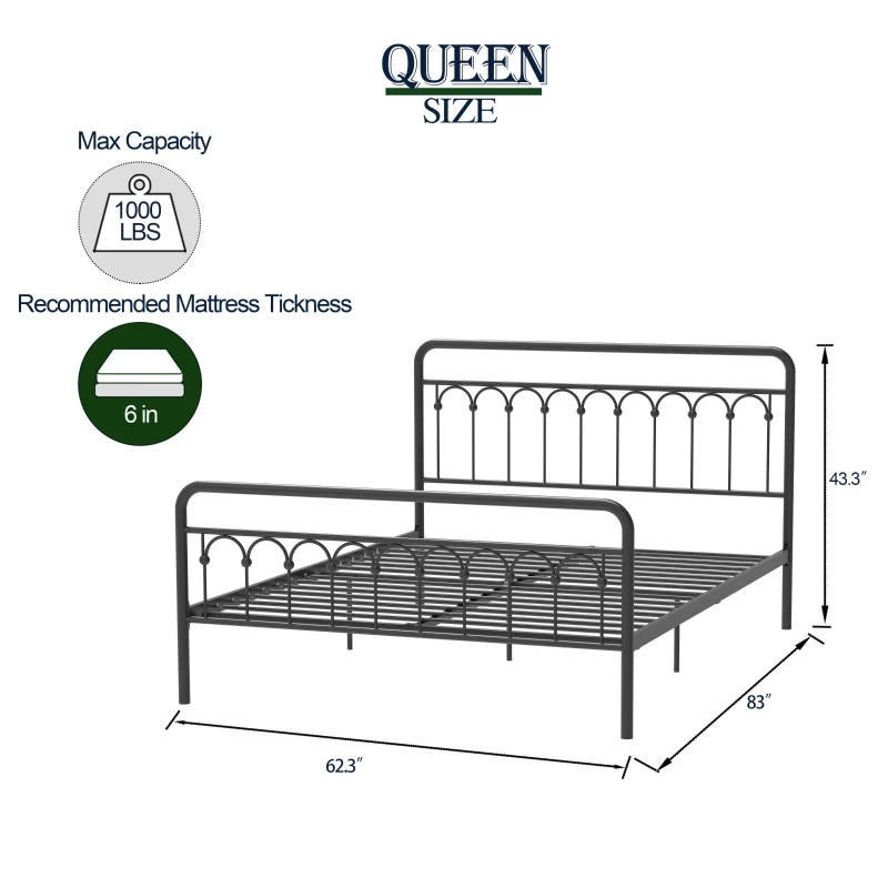 Tara Queen Size Metal Bed Frame with Vintage Headboard, Sturdy Frame with 1000 lbs Capacity, for Bedroom, No Box Spring Needed, Large Under-bed Storage, Black