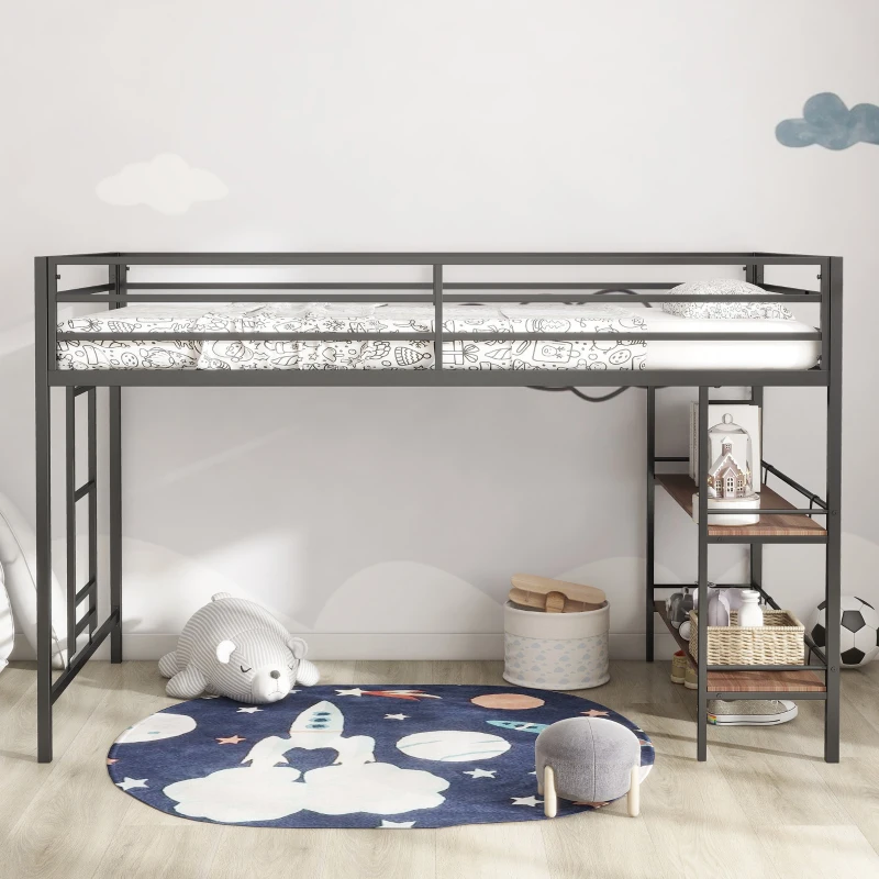 Junior Twin Loft Metal Bunk Bed Frame with Cinnamon Wood Shelf, Full-Length Guardrails, Anti-Noise Design, Easy Assembly, 76.69″ L x 40.94″ W x 49.49″ H, Black