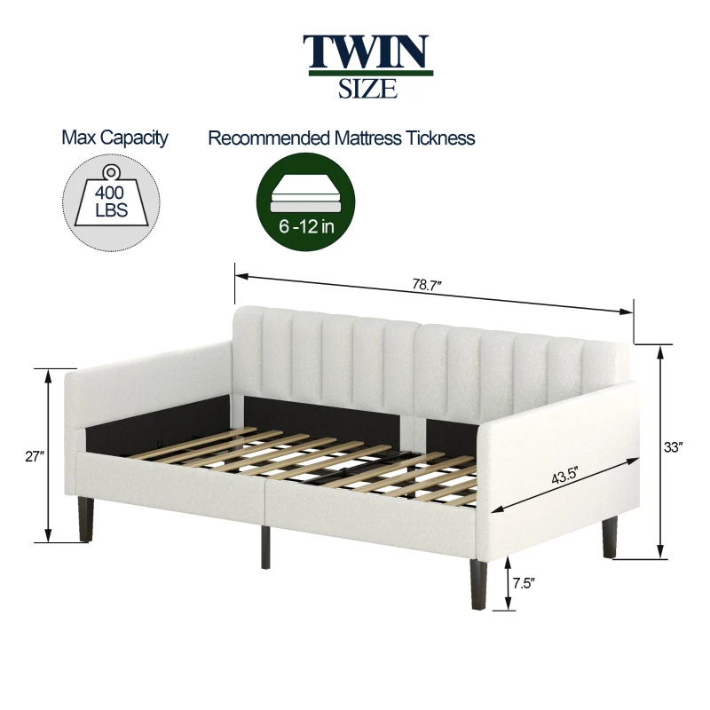 Elena Twin Size Upholstered Daybed Frame, Ribbed Tufted Backrest, Boucle Fabric, Durable Metal Frame, Easy Assembly, Ivory