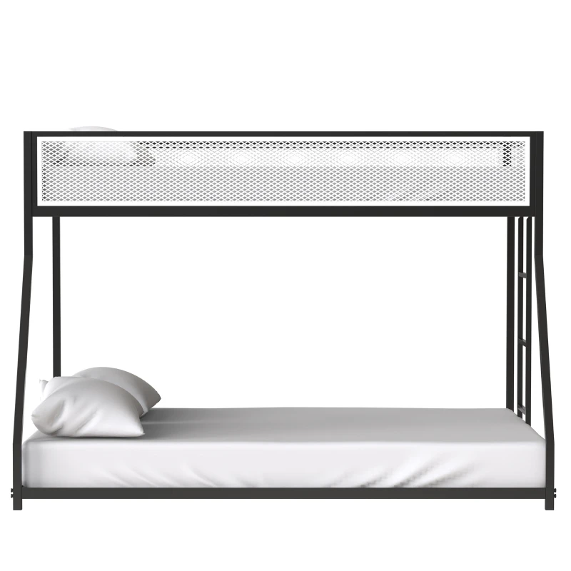 Twin Over Full Bunk Metal Bed Frame with Mesh Guard Rail, Adjustable Ladder, and Noise-Reducing EVA Pad, for Kids Bedrooms, Black