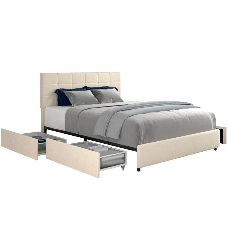 Queen Size Velvet Upholstered Platform Bed Frame with 4 Storage Drawers, Adjustable Headboard, Wooden Slat Support, No Box Spring Required, 64.7"L x 83.2"W x 37/43"H, Ivory