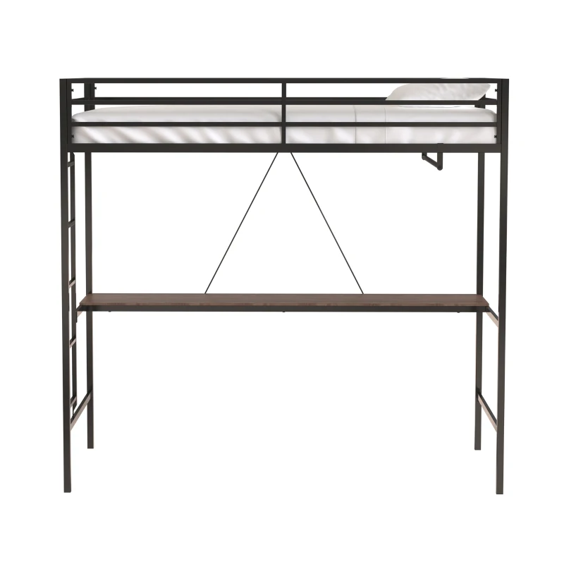 Adam Twin Loft Bunk Metal Bed Frame with Desk and Closet Rod, Guardrails, Easy Assembly, 76.69″ L x 40.94″ W x 72.01″ H, Black