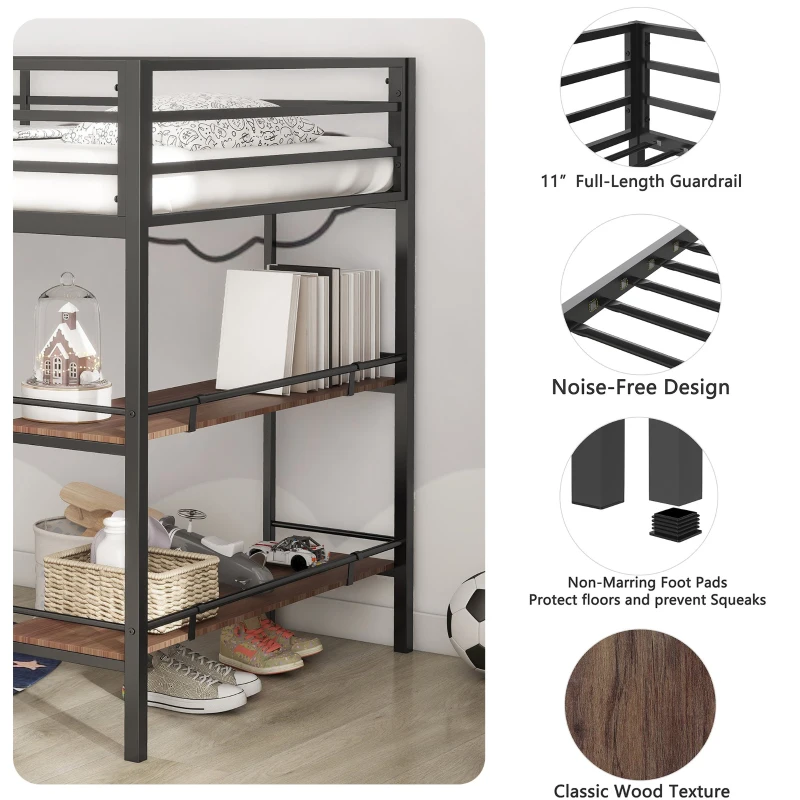 Junior Twin Loft Metal Bunk Bed Frame with Cinnamon Wood Shelf, Full-Length Guardrails, Anti-Noise Design, Easy Assembly, 76.69″ L x 40.94″ W x 49.49″ H, Black