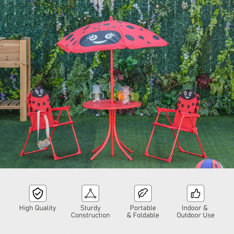 Outsunny Kids Folding Picnic Table and Chair Set Pattern Outdoor Garden Patio Backyard with Removable & Height Adjustable Sun Umbrella Red