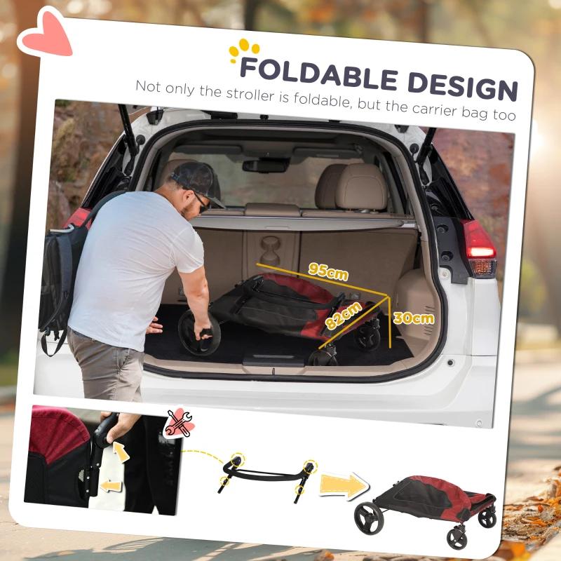 PawHut 4 Wheel Pet Stroller with Storage Basket, Afjustable Handle, Ventilated Oxford Fabric for Medium Size Dogs Cat Red