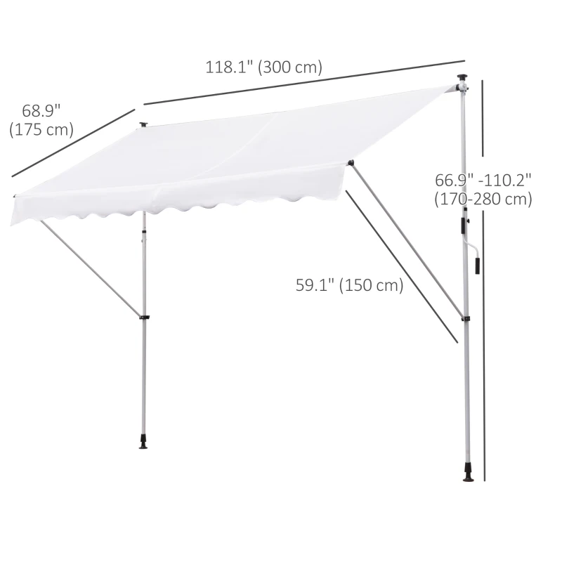 Outsunny 10x5ft Manual Retractable Awning, Patio Sun Shade Canopy Shelter with 5.6-9.2ft Support Pole, Water Resistant UV Protector, for Window, Door, Porch, Deck, White