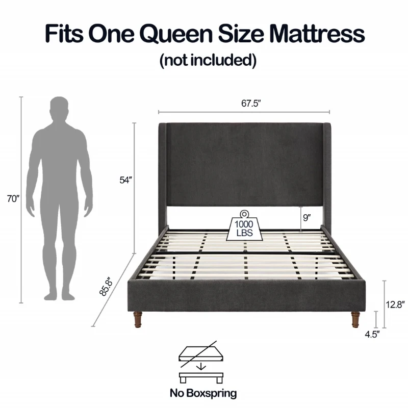 Harper Queen Size Upholstered Bed Frame with 54" Tall Headboard, No Box Spring Needed, Easy Assembly, Velvet Fabric, Dark Gray