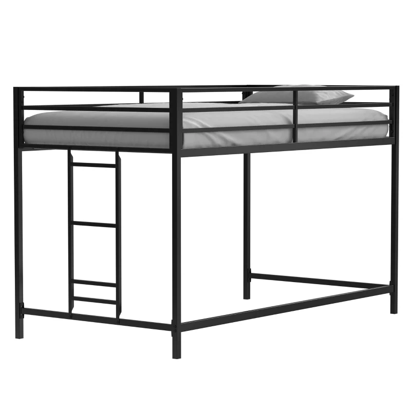 Junior Twin Loft Bunk Metal Bed Frame with Full-Length Guardrails, Anti-Noise Design, and Protective Post Caps, 76.69″ L x 40.94″ W x 49.49″ H, Black