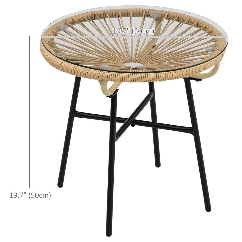 Outsunny Rattan Side Table, Round Outdoor Table, with Round PE Rattan and Tempered Glass Table Top for Patio, Garden, Beige