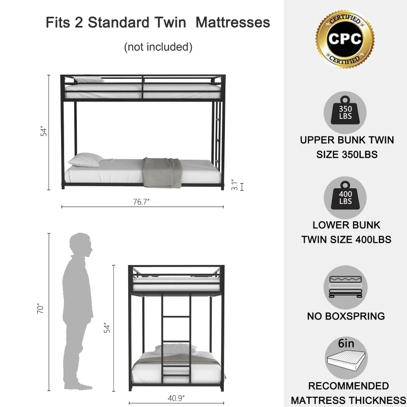 Twin over Twin Metal Bunk Bed Frame, Durable Square Tube Frame, Full-Length Guardrails, Easy Assembly, No Box Spring Needed, 76.69″ L x 40.94″ W x 54.09″ H, Black