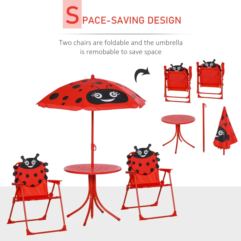 Outsunny Kids Folding Picnic Table and Chair Set Pattern Outdoor Garden Patio Backyard with Removable & Height Adjustable Sun Umbrella Red