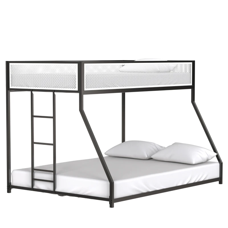 Twin Over Full Bunk Metal Bed Frame with Mesh Guard Rail, Adjustable Ladder, and Noise-Reducing EVA Pad, for Kids Bedrooms, Black