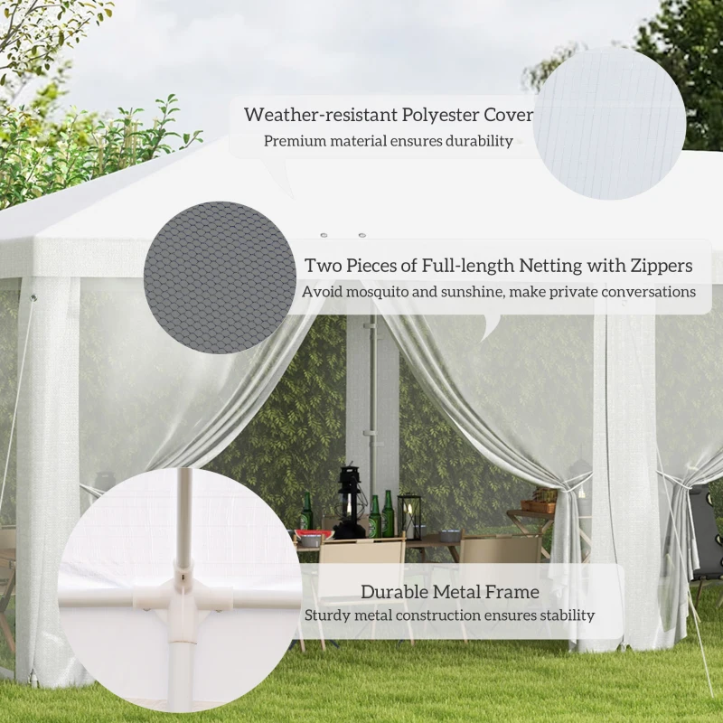 Outsunny 10' x 20' Party Tent Outdoor Canopy Garden Sun Shade with 8 Mosquito Mesh Netting and Zipper Door, White