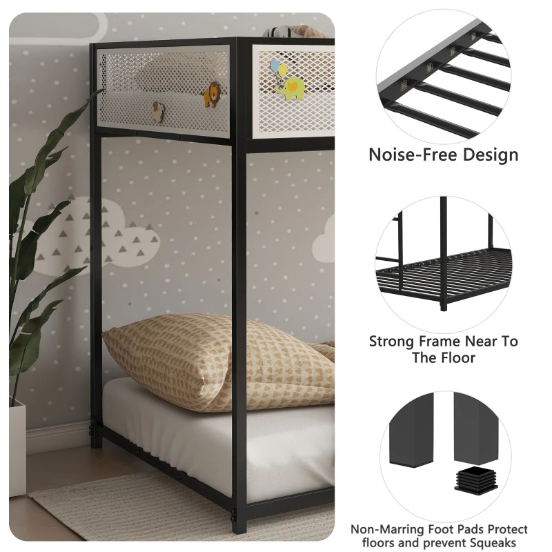 Twin Over Twin Bunk Metal Bed Frame with Mesh Guard Rail, Exchangeable Ladder, for Kids Bedrooms, Easy Assembly, 76.69″ L x 40.94″ W x 54.09″ H, Black