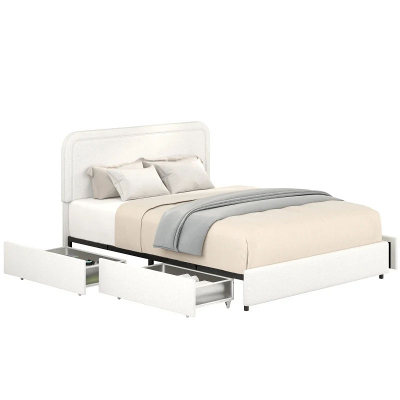 Liv Queen Size 2-Drawer Storage Bed Frame with Curved Tufted Headboard, Patented Boucle Upholstered Platform Bed, Wooden Slat Support, No Box Spring Needed, Ivory