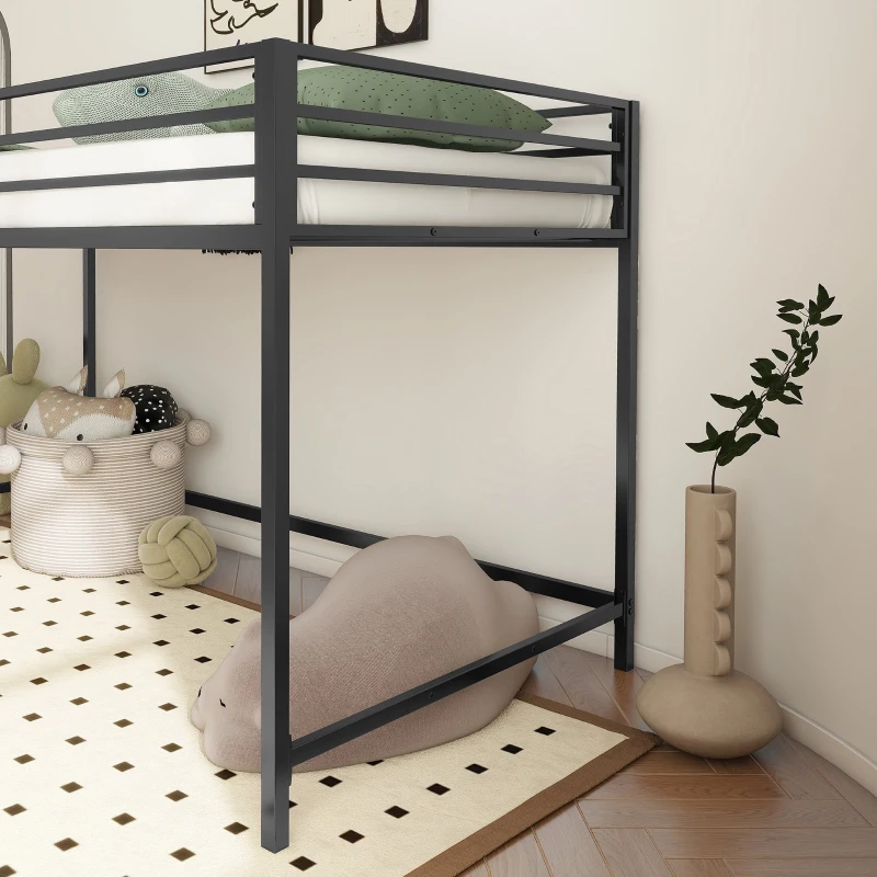 Junior Twin Loft Bunk Metal Bed Frame with Full-Length Guardrails, Anti-Noise Design, and Protective Post Caps, 76.69″ L x 40.94″ W x 49.49″ H, Black