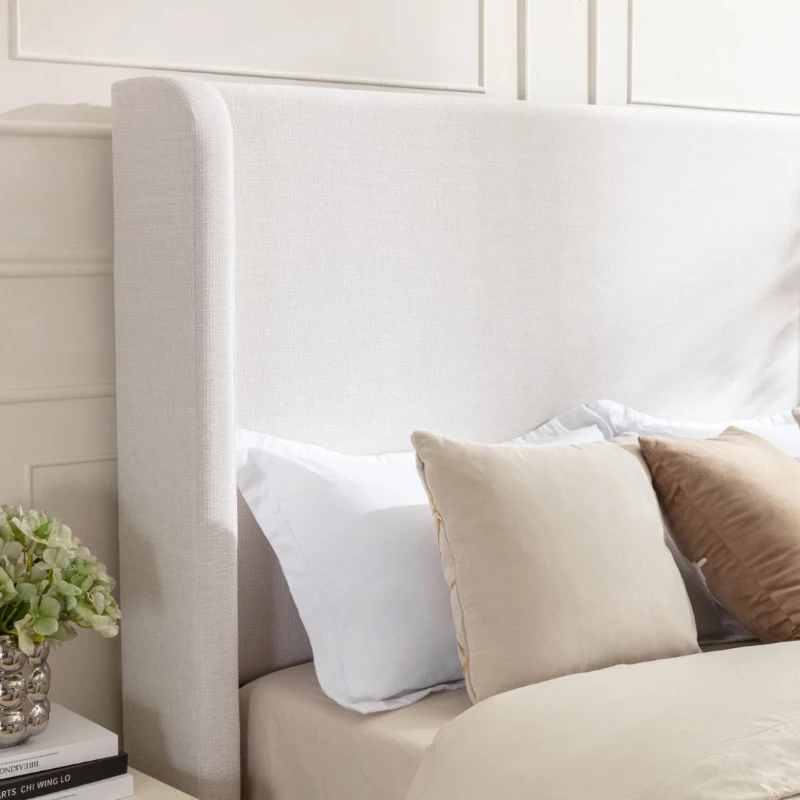 Harper Queen Size Upholstered Bed Frame with 54" Tall Headboard, No Box Spring Needed, Easy Assembly, Ivory