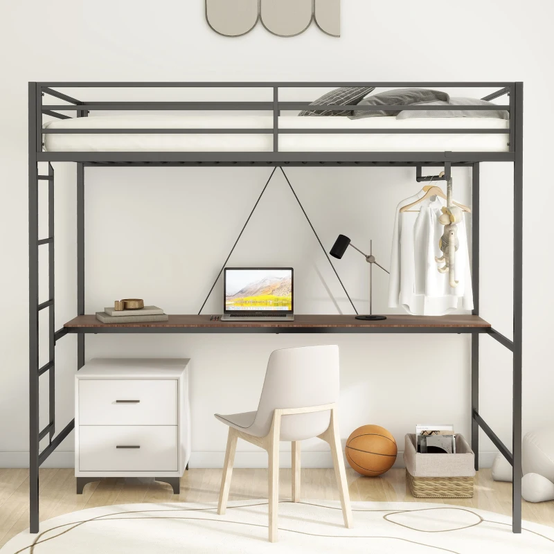 Adam Twin Loft Bunk Metal Bed Frame with Desk and Closet Rod, Guardrails, Easy Assembly, 76.69″ L x 40.94″ W x 72.01″ H, Black