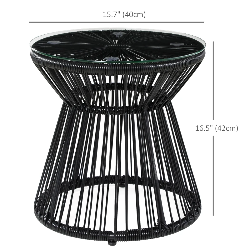 Outsunny Round End Table, Rattan Side Table, Hollow Drum Design Coffee Table w/ Glass Tabletop for Patio, Garden, Balcony, Black