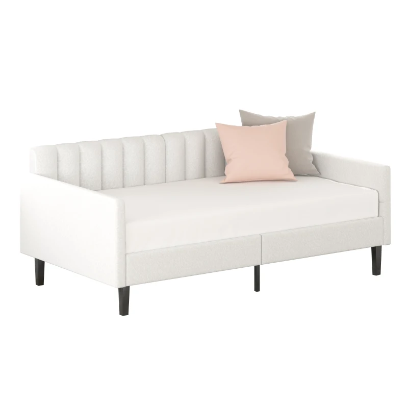 Elena Twin Size Upholstered Daybed Frame, Ribbed Tufted Backrest, Boucle Fabric, Durable Metal Frame, Easy Assembly, Ivory