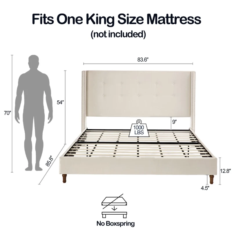 Peyton Upholstered King Bed Frame with 54" High Headboard, Traditional Hand Buttoned Tufting, Nailhead Trim Wingback, No Box Spring Needed, Easy Assembly, Ivory Velvet, 85.8″ L x 83.6″ W x 54.0″ H, Ivory