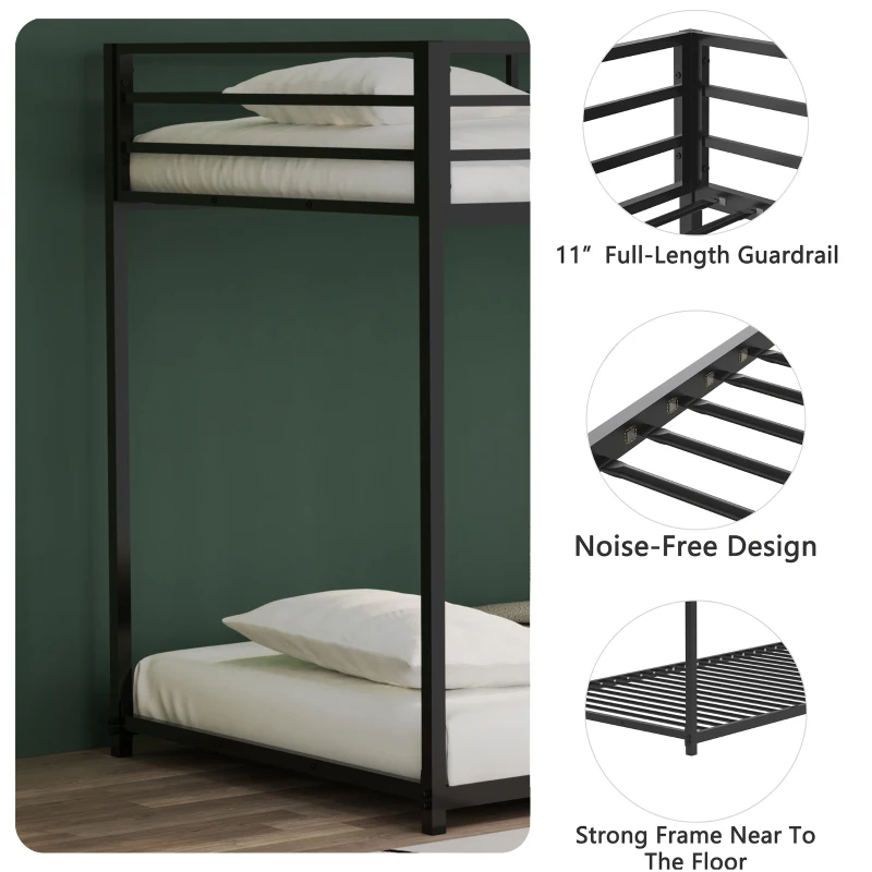 Twin over Twin Metal Bunk Bed Frame, Durable Square Tube Frame, Full-Length Guardrails, Easy Assembly, No Box Spring Needed, 76.69″ L x 40.94″ W x 54.09″ H, Black