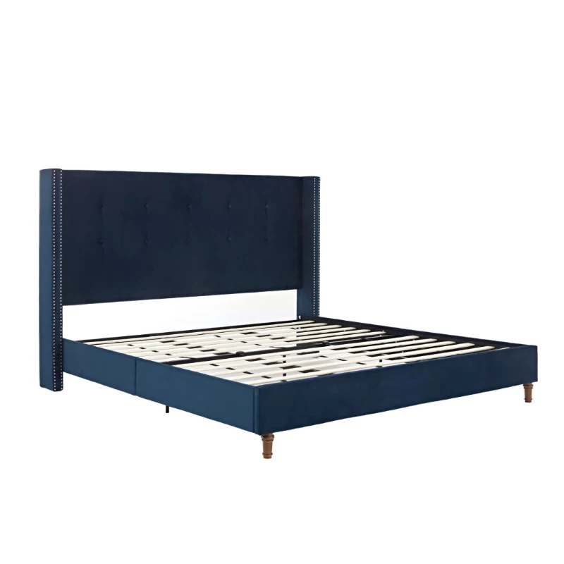 Upholstered Queen Bed Frame with Velvet 54" High Headboard, Traditional Hand Buttoned Tufting, Nailhead Trim Wingback, No Box Spring Needed, Blue