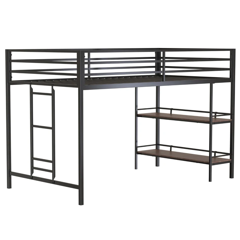 Junior Twin Loft Metal Bunk Bed Frame with Cinnamon Wood Shelf, Full-Length Guardrails, Anti-Noise Design, Easy Assembly, 76.69″ L x 40.94″ W x 49.49″ H, Black