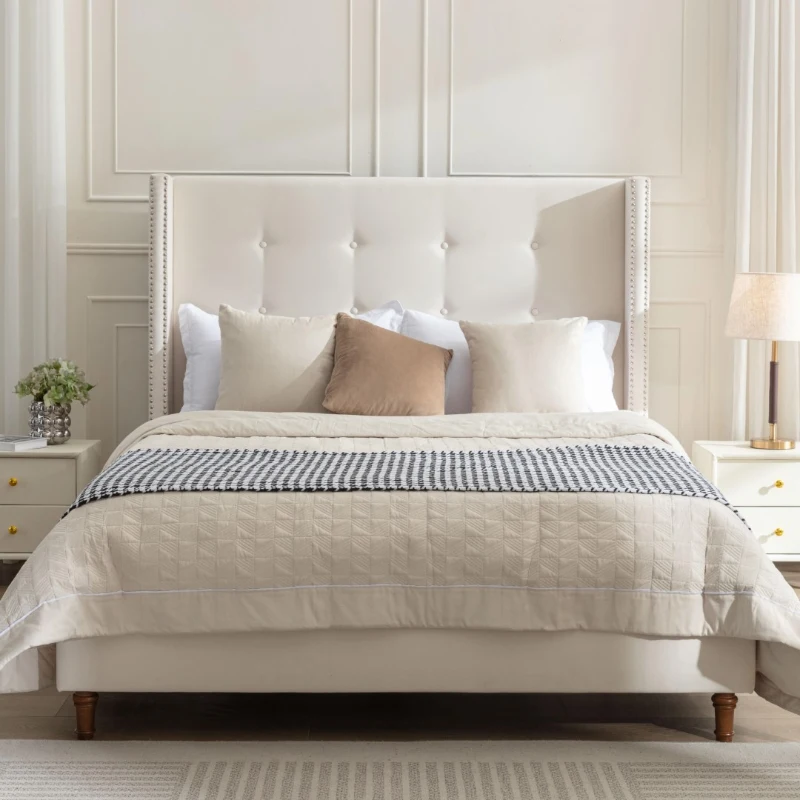Peyton Upholstered Queen Bed Frame with 54" High Headboard, Hand Buttoned Tufting, Nailhead Trim Wingback, No Box Spring Needed, Easy Assembly, Ivory Velvet, Ivory