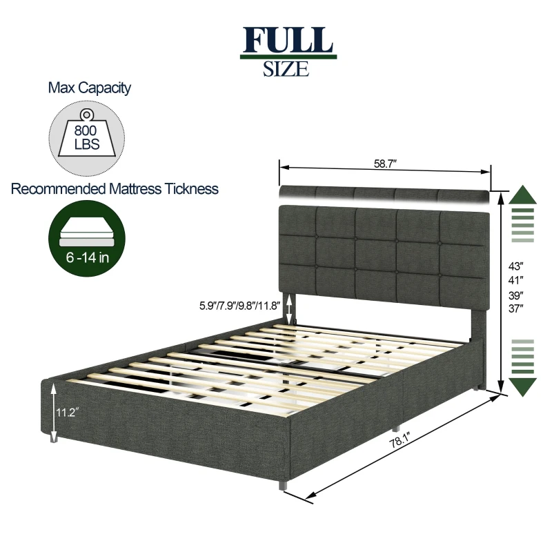 Full Size Upholstered Platform Bed Frame with 4 Storage Drawers, Adjustable Headboard, Wooden Slat Support, No Box Spring Required, 79.3″ L x 57.5″ W x 39.0″ H, Gray