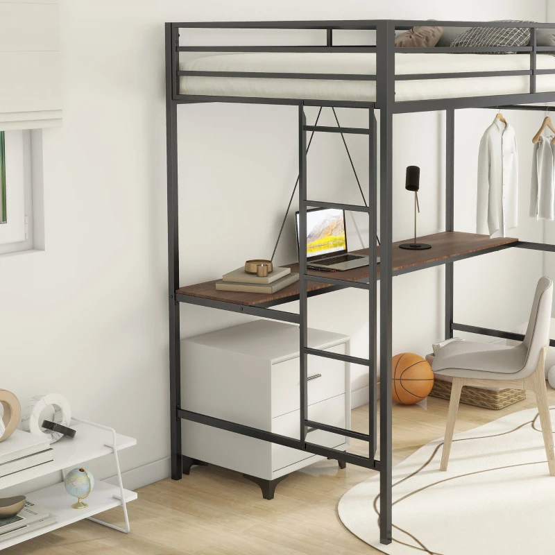 Adam Twin Loft Bunk Metal Bed Frame with Desk and Closet Rod, Guardrails, Easy Assembly, 76.69″ L x 40.94″ W x 72.01″ H, Black