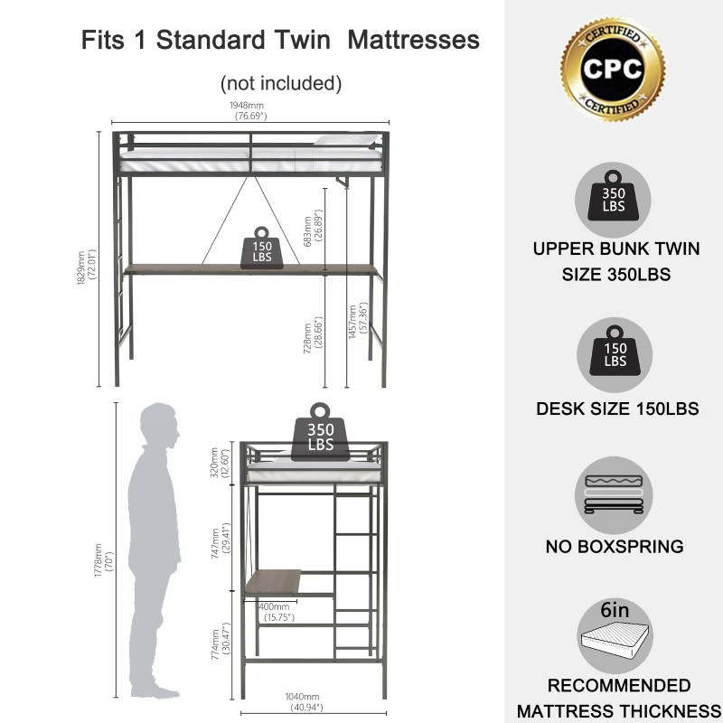 Adam Twin Loft Bunk Metal Bed Frame with Desk and Closet Rod, Guardrails, Easy Assembly, 76.69″ L x 40.94″ W x 72.01″ H, Black