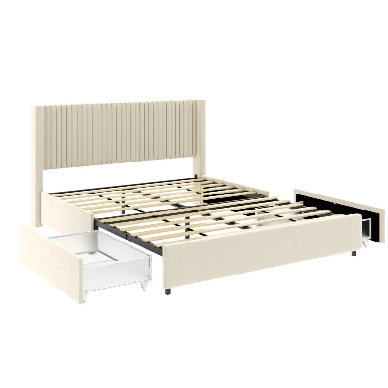 Queen Size Velvet Upholstered Platform Bed Frame with 2 Drawers, Wingback Headboard, Wooden Slat Support, No Box Spring Needed, 84.4″ L x 64.7″ W x 39.0″ H, Ivory
