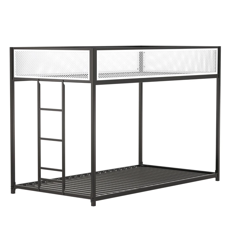 Twin Over Twin Bunk Metal Bed Frame with Mesh Guard Rail, Exchangeable Ladder, for Kids Bedrooms, Easy Assembly, 76.69″ L x 40.94″ W x 54.09″ H, Black