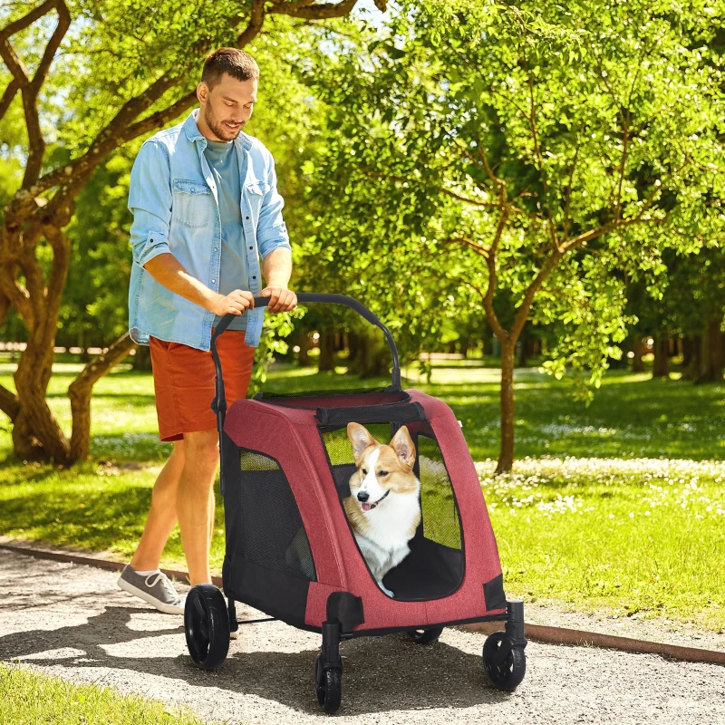 PawHut Dog Stroller for Medium and Large Dogs, 4 Wheels Folding Pet Cat Stroller With Universal Wheels, Storage Basket, safety leash, Red(m-2)
