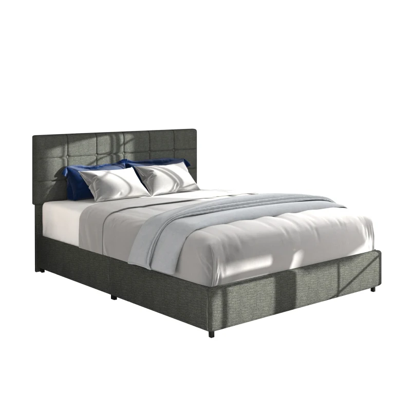 Full Size Upholstered Platform Bed Frame with 4 Storage Drawers, Adjustable Headboard, Wooden Slat Support, No Box Spring Required, 79.3″ L x 57.5″ W x 39.0″ H, Gray