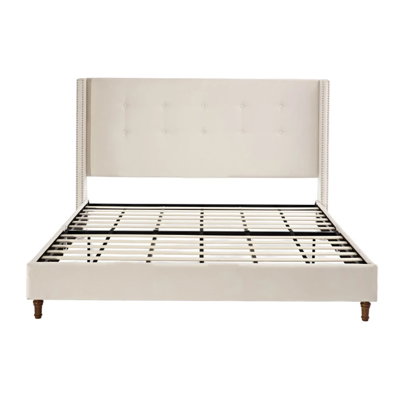 Peyton Upholstered King Bed Frame with 54" High Headboard, Traditional Hand Buttoned Tufting, Nailhead Trim Wingback, No Box Spring Needed, Easy Assembly, Ivory Velvet, 85.8″ L x 83.6″ W x 54.0″ H, Ivory