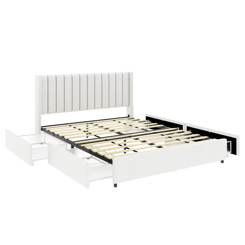 Anda Queen Size Upholstered Platform Bed Frame with 4 Storage Drawers, Tufted Headboard, Wooden Slat Support, No Box Spring Needed, 84.4″ L x 63.5″ W x 39.0″ H, Ivory