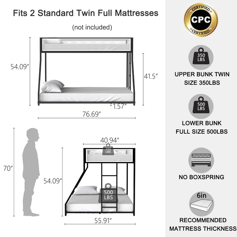 Twin Over Full Bunk Metal Bed Frame with Mesh Guard Rail, Adjustable Ladder, and Noise-Reducing EVA Pad, for Kids Bedrooms, Black