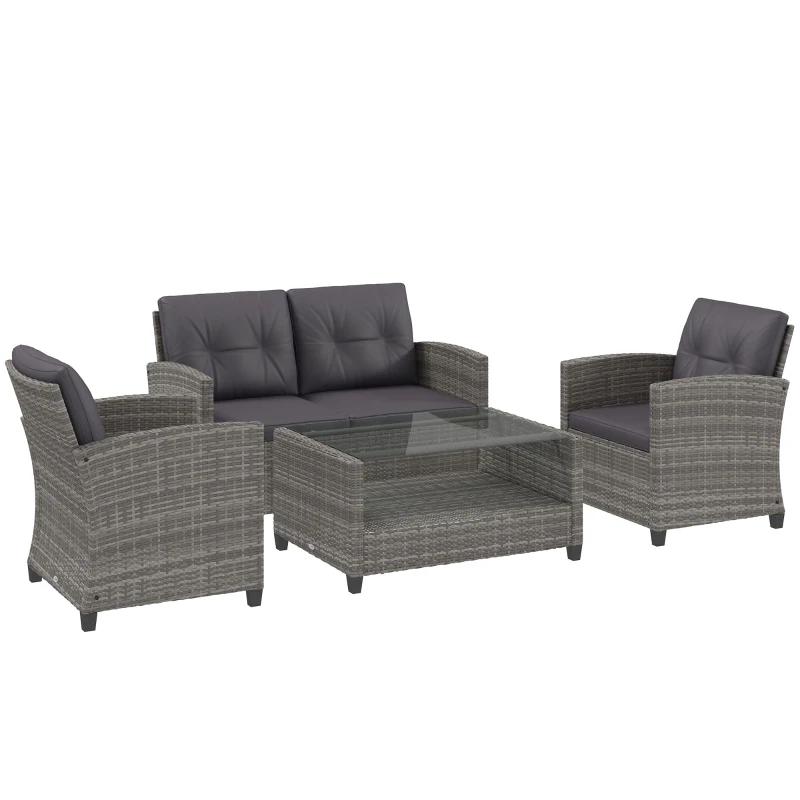 Outsunny 4 Piece Rattan Patio Furniture Set w/ Glass Table Top, Cushions for Backyard, Garden, Poolside, Deck, Charcoal Grey