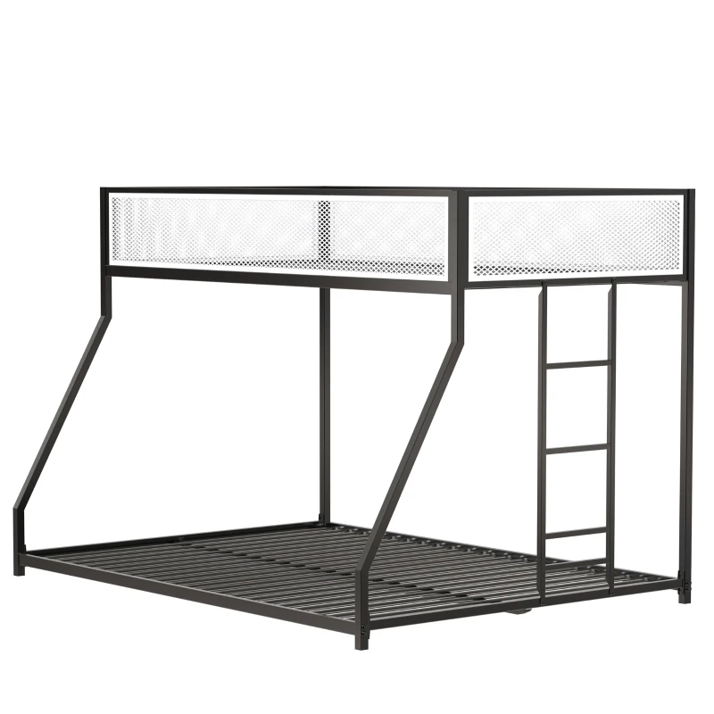 Twin Over Full Bunk Metal Bed Frame with Mesh Guard Rail, Adjustable Ladder, and Noise-Reducing EVA Pad, for Kids Bedrooms, Black