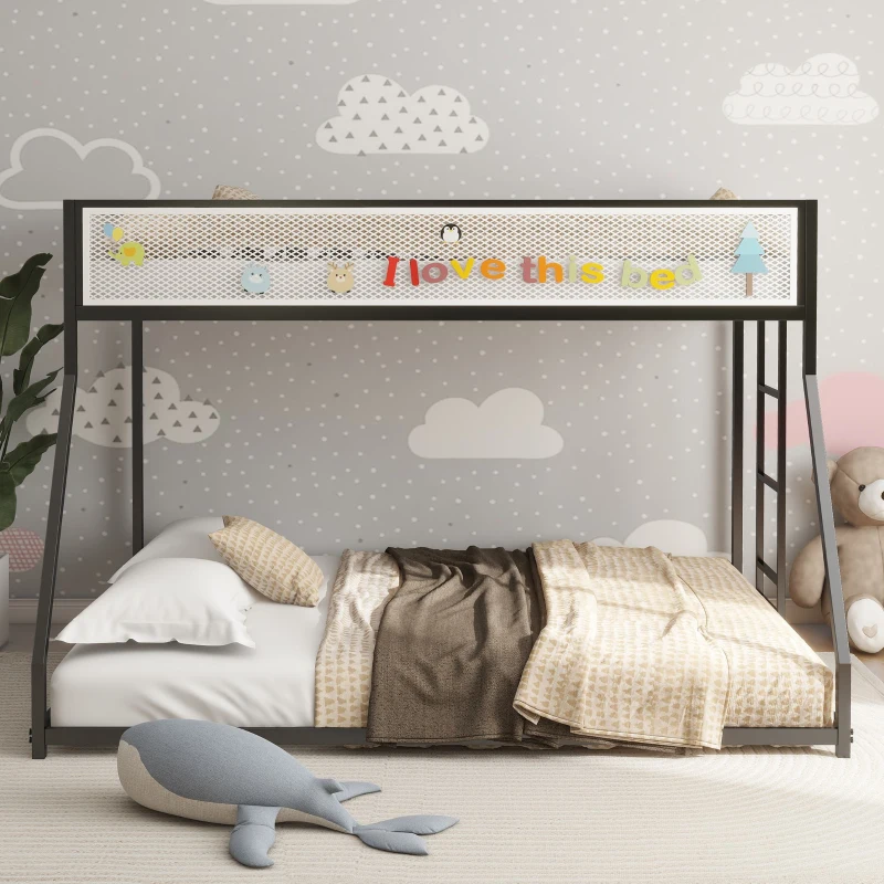 Twin Over Full Bunk Metal Bed Frame with Mesh Guard Rail, Adjustable Ladder, and Noise-Reducing EVA Pad, for Kids Bedrooms, Black