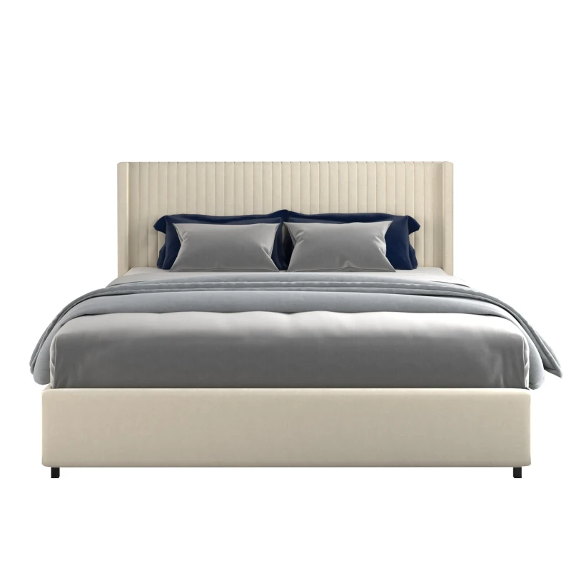 Anna Queen Size Velvet Upholstered Wingback Platform Bed Frame with 4 Storage Drawers, Modern Headboard, Wooden Slat Support, No Box Spring Needed, 84.4″ L x 63.5″ W x 39.0″ H, Ivory