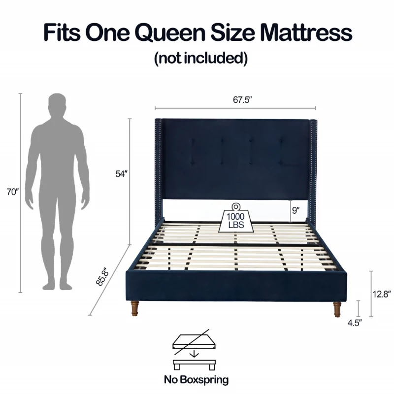 Upholstered Queen Bed Frame with Velvet 54" High Headboard, Traditional Hand Buttoned Tufting, Nailhead Trim Wingback, No Box Spring Needed, Blue