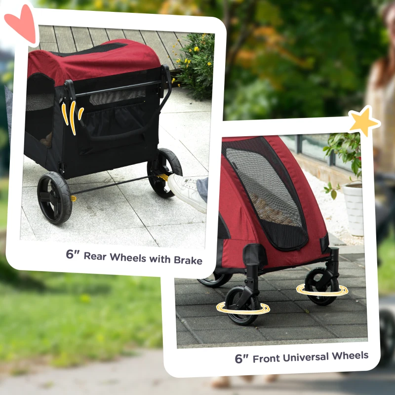 PawHut 4 Wheel Pet Stroller with Storage Basket, Afjustable Handle, Ventilated Oxford Fabric for Medium Size Dogs Cat Red
